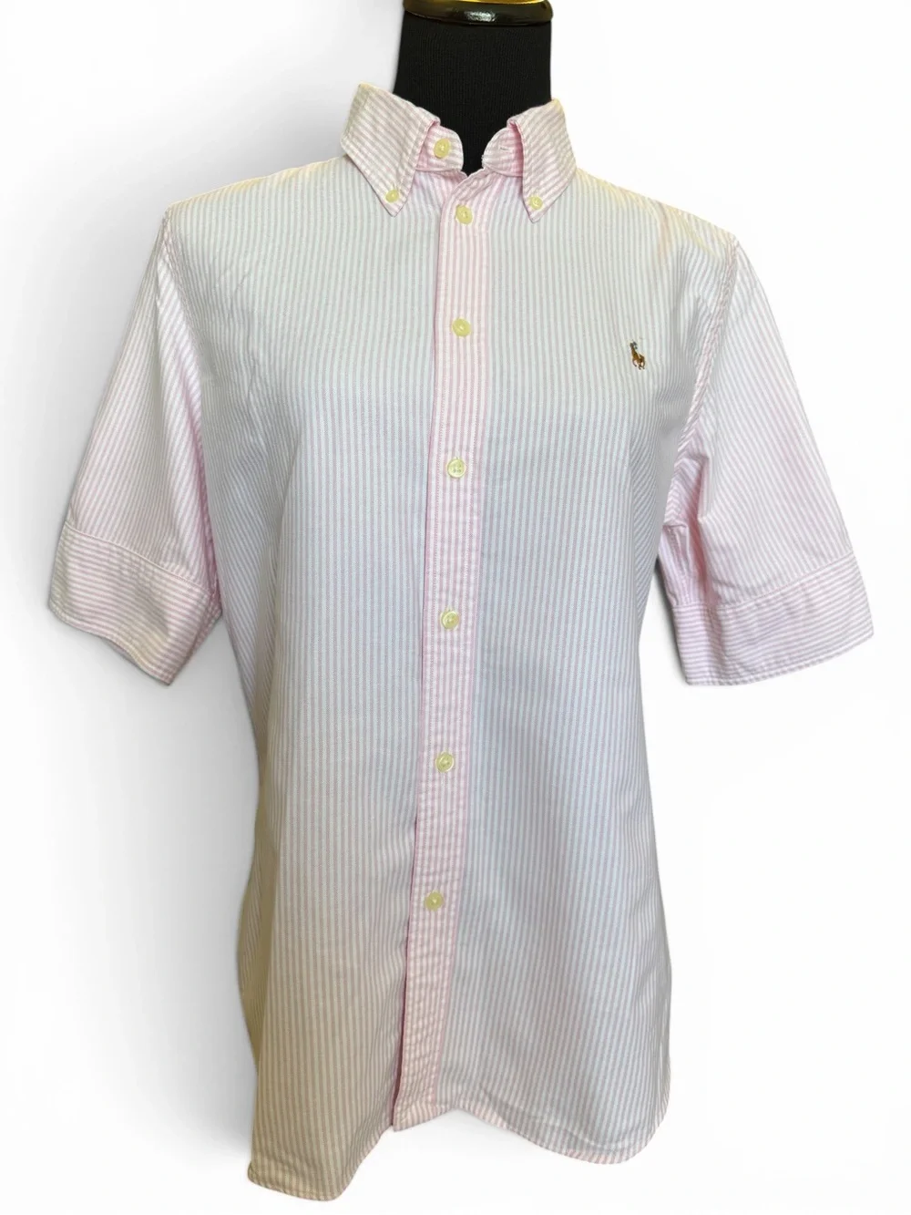 Ralph Lauren Women’s Large Pink White Striped Oxford Button Down Short Sleeve - Picture 1 of 10